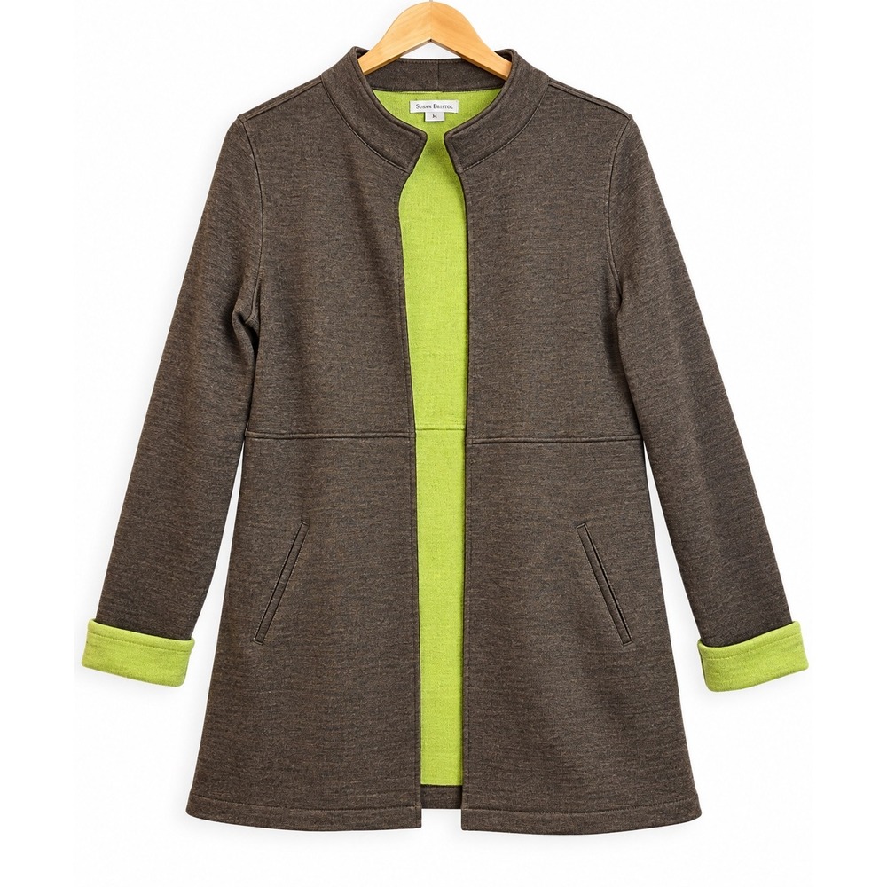 Susan Bristol Medium Wool Blend Long Cardigan Jacket Brown Lime Green Open Front